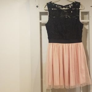 LC black lace & blush pink tull mini dress